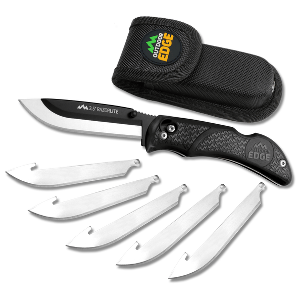 Outdoor Edge Black RazorLite Razor Blade Knife Product Photo showing replacement blades and case