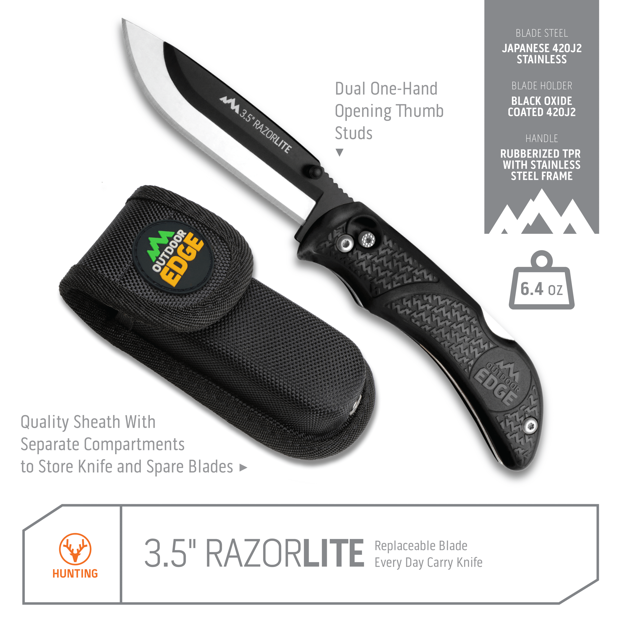 Outdoor Edge Black RazorLite Razor Blade Knife Product Photo showing knife and case with callouts