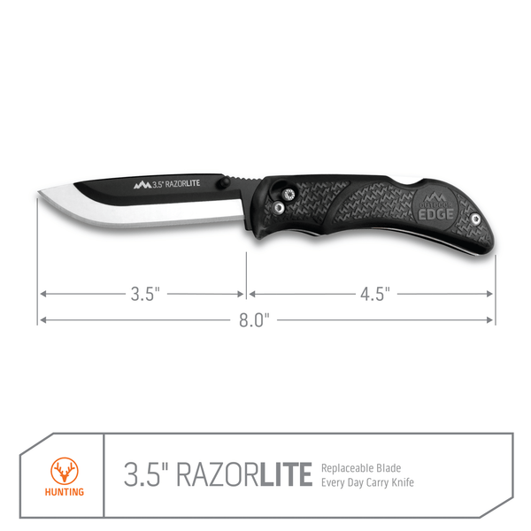 Outdoor Edge Black RazorLite Razor Blade Knife Product Photo showing blade length and handle length