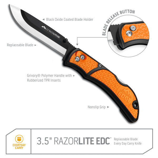 Outdoor Edge Orange 3.5" RazorLite™ EDC replaceable blade knife open  with callouts