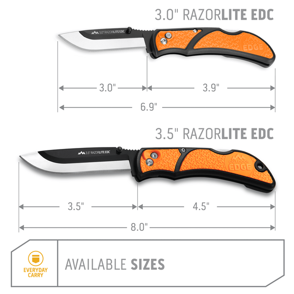 Outdoor Edge Orange 3.0" RazorLite™ EDC replaceable blade knife showing different sized blades
