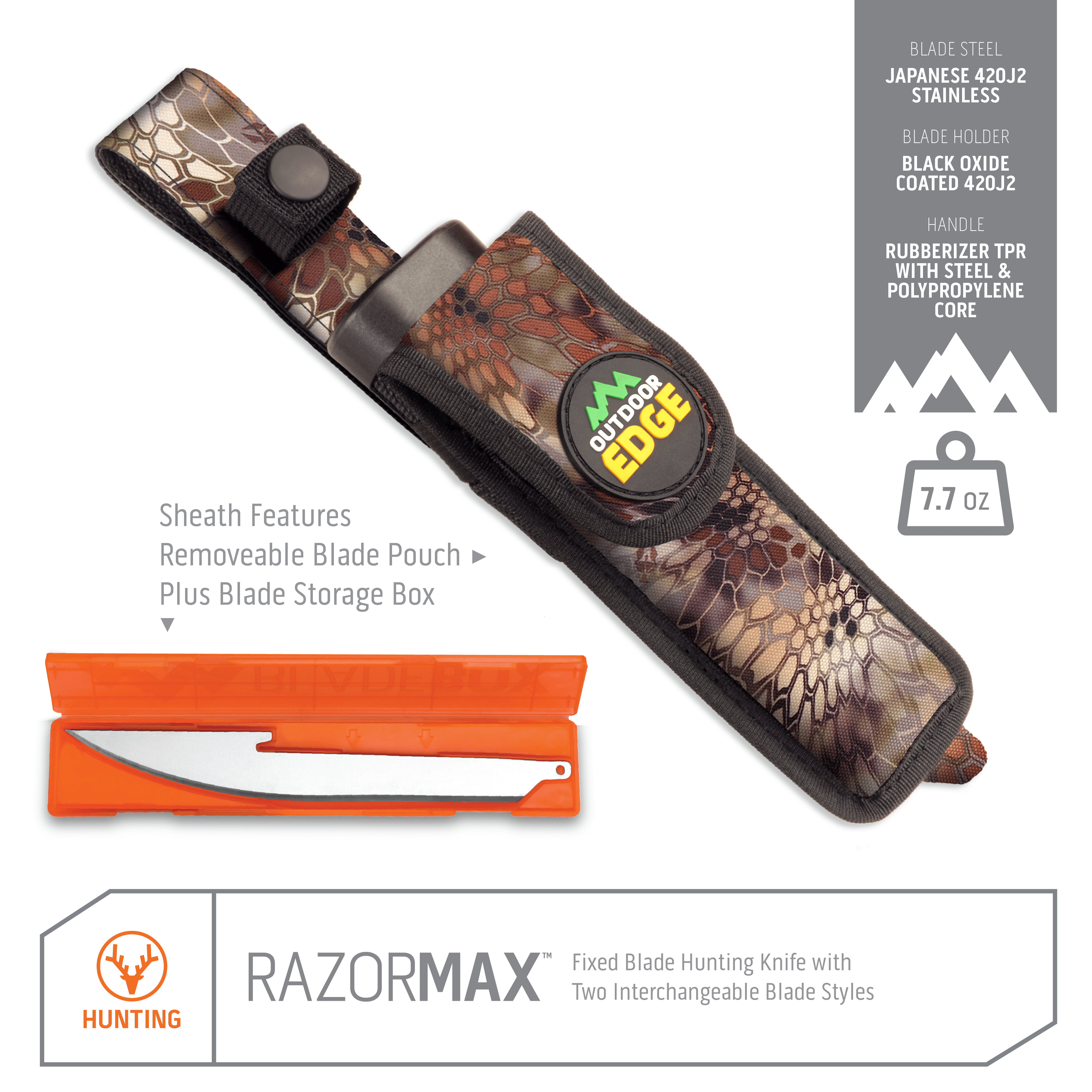 Outdoor Edge Orange RazorMax Skinning Knife showing sheath features