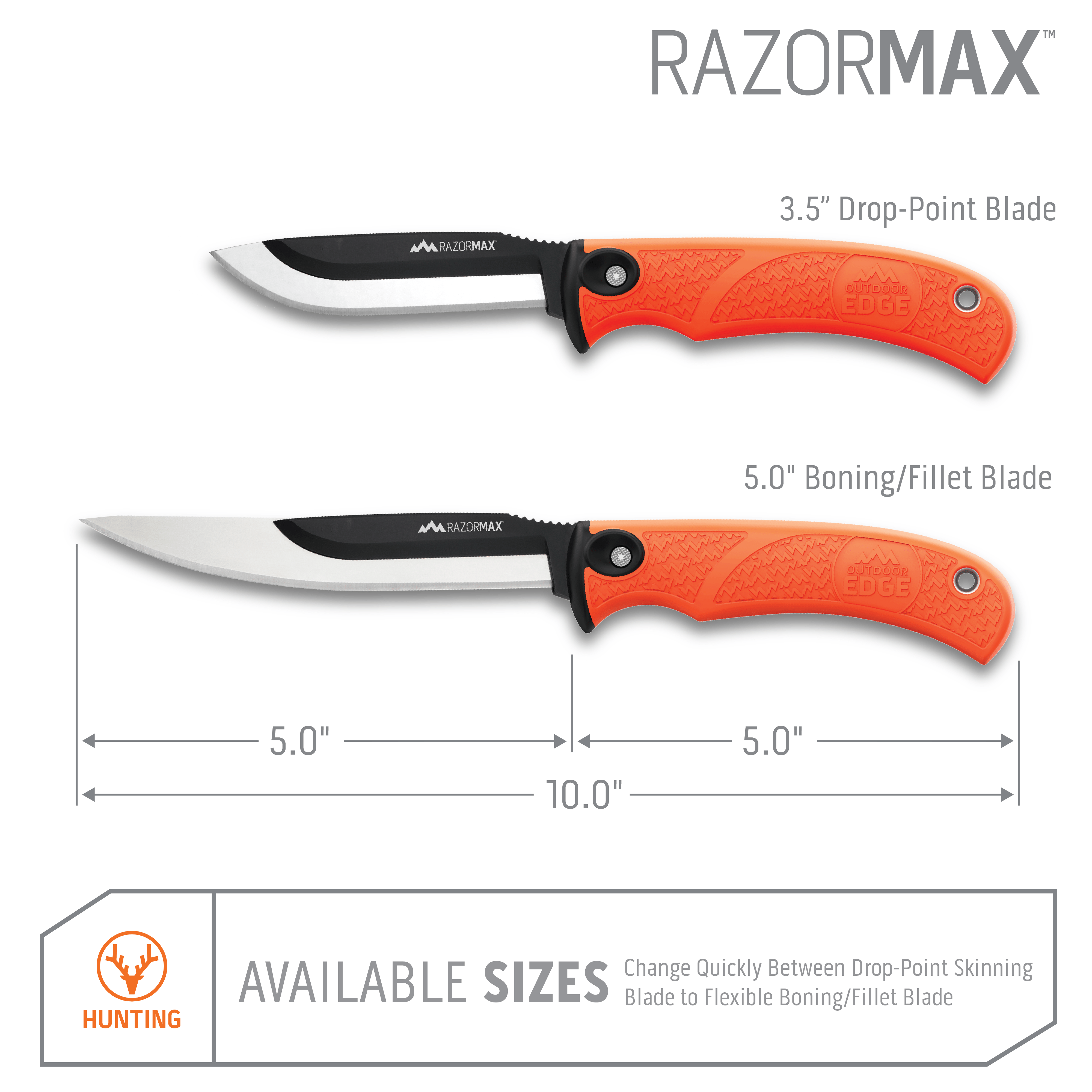 Outdoor Edge Orange RazorMax Skinning Knife showing different sized blades