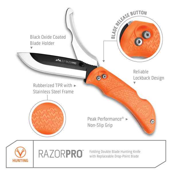 Outdoor Edge Orange RazorPro Hunting Knife with product call outs