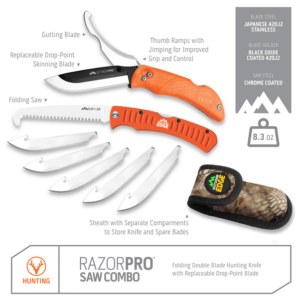 Outdoor Edge Razor Pro Saw Hunting Knife Combo showing all the replacement blades and folding saw