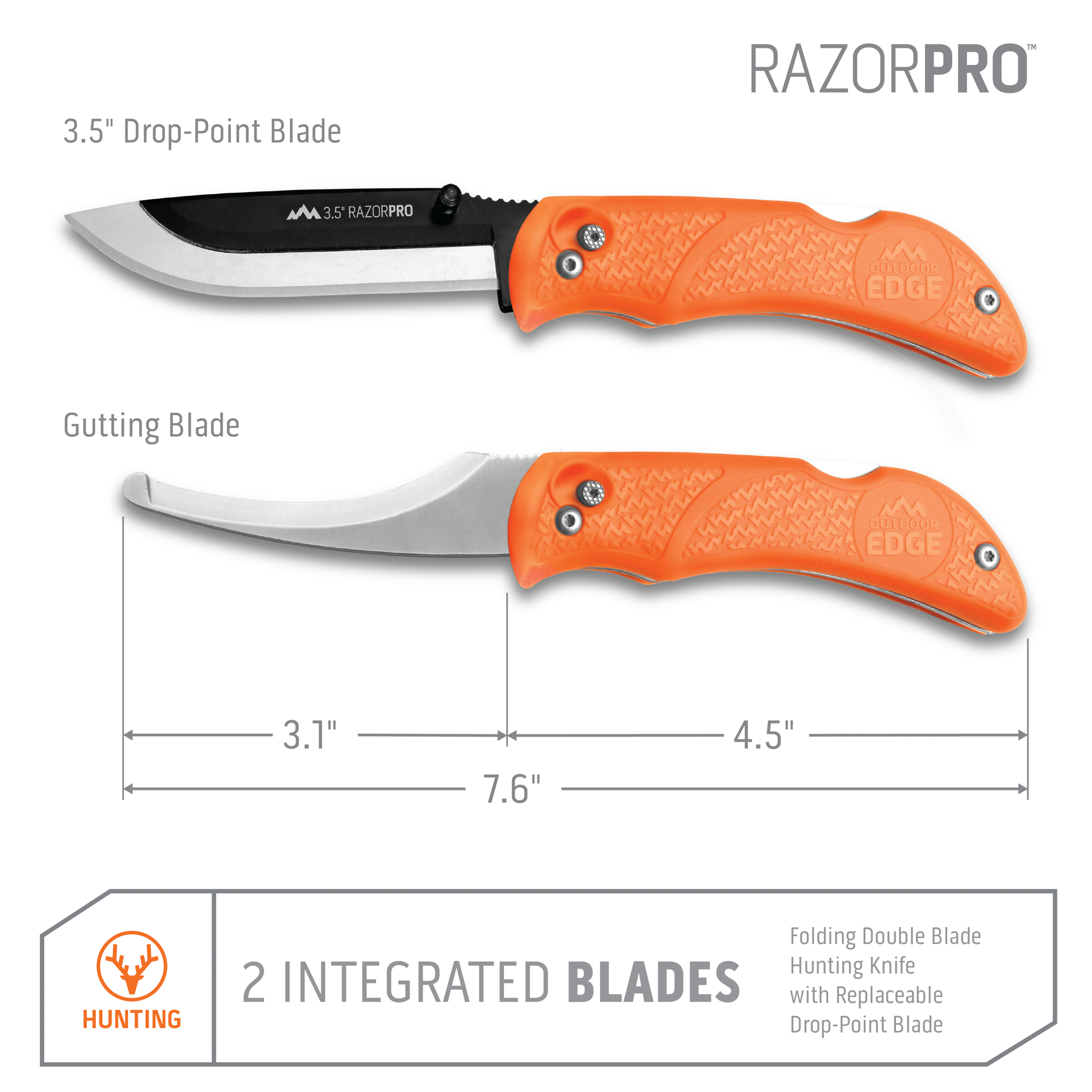 Outdoor Edge Razor Pro Saw Hunting Knife Combo showing 2 integrated blades, the drop-point blade and gutting blade