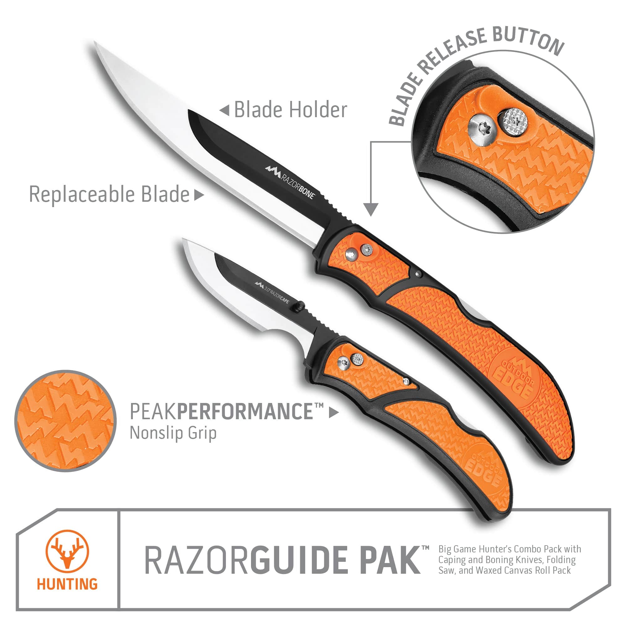 Outdoor Edge RazorGuide Pak with callouts for grip and replaceable blade