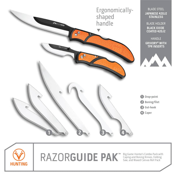 Outdoor Edge RazorGuide Pak showing all replacement blades; drop-point blade, boning and filet blade, gut-hook blade, and caper blade.