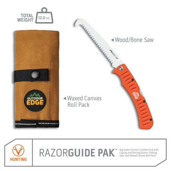 Outdoor Edge RazorGuide Pak showing waxed canvas roll pack and wood bone saw