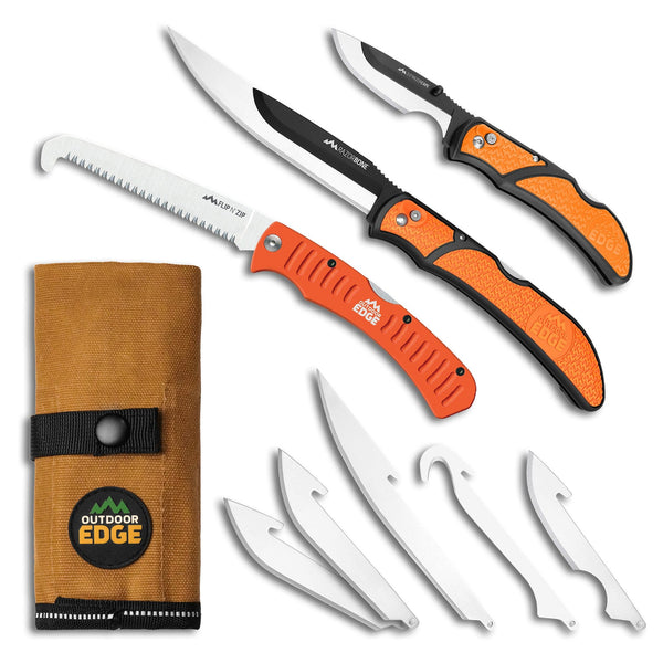 Outdoor Edge RazorGuide Pak Product photo including 3 knives and replacement blades