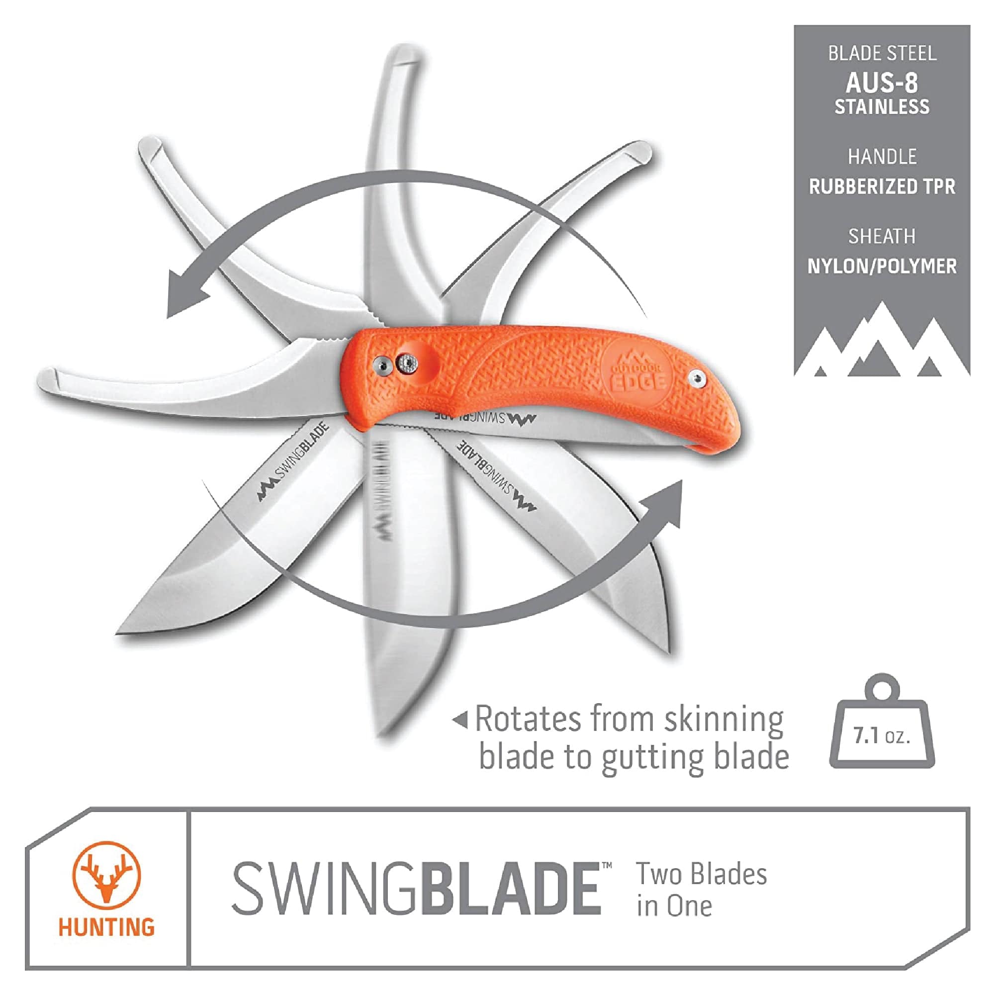 Outdoor Edge SwingBlade Hunting Knife showing two blades; skinning blade and gutting blade.