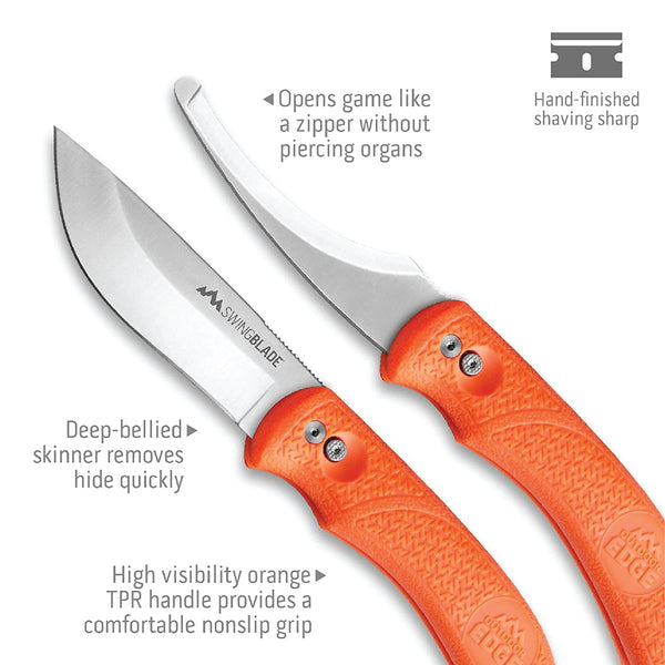Outdoor Edge SwingBlade Hunting Knife with callouts for skinning blade and gutting blade.