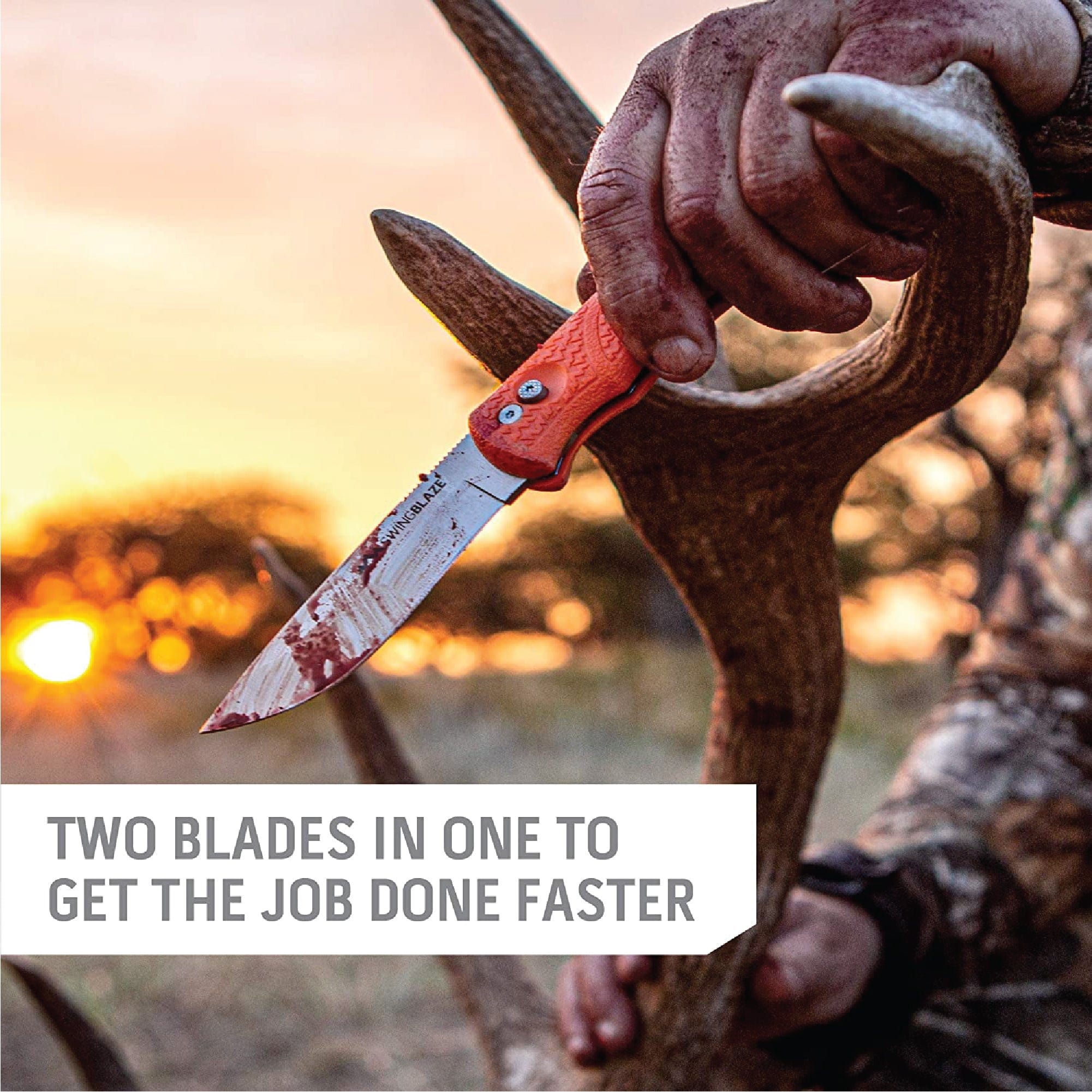 Outdoor Edge SwingBlade Hunting Knife with text saying two Blades in one to get the job done faster.