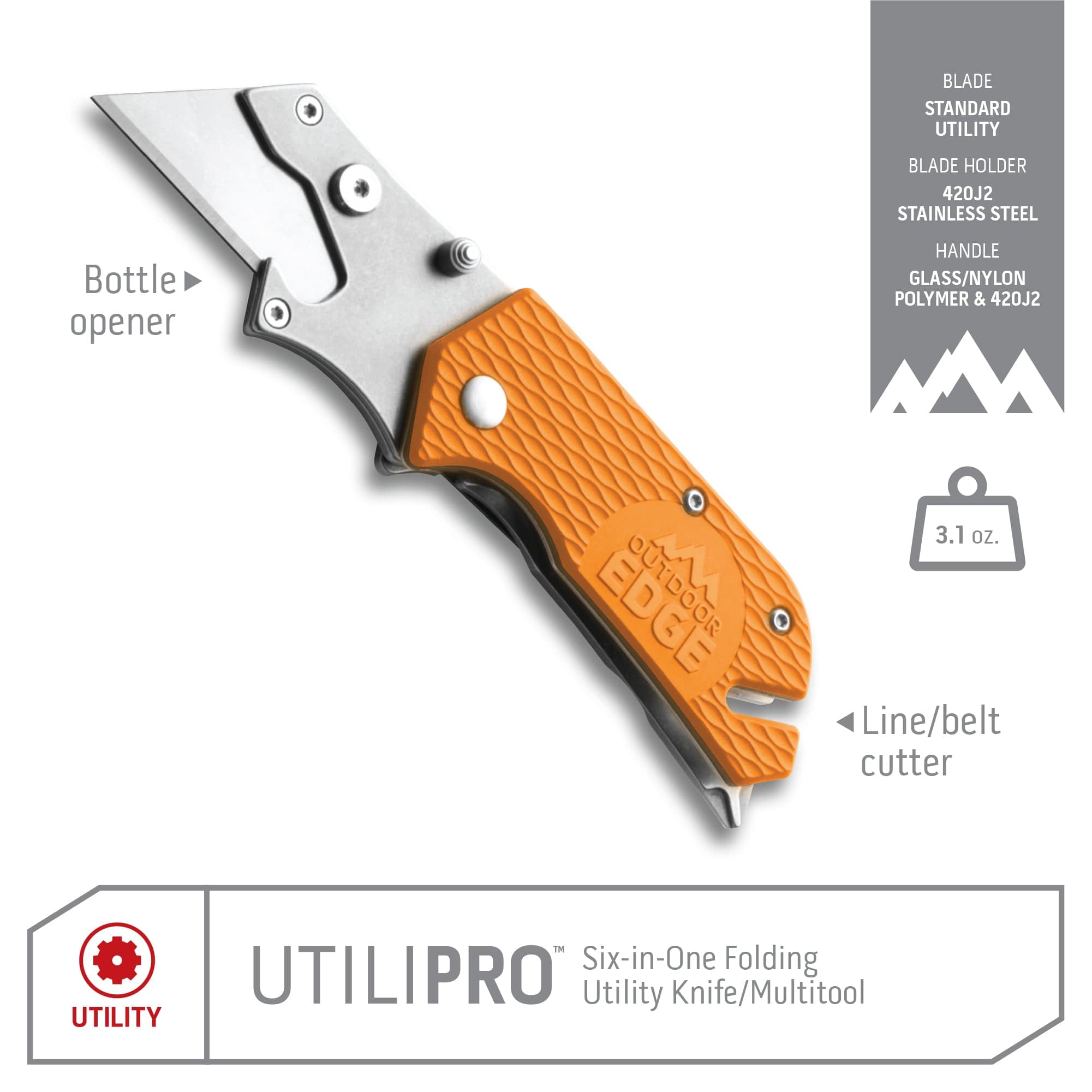 Outdoor Edge UtiliPro Orange Utility Knife/Multi Tool Product Photo with callouts for bottle opener and line/belt cutter.
