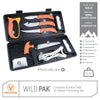 Outdoor Edge Wild Pak complete game processing set product photo with callouts including caping knife, gut hook skinner, boning knife, wood bone saw, ribcage spreader, carbide sharpener, gloves, and hard side case