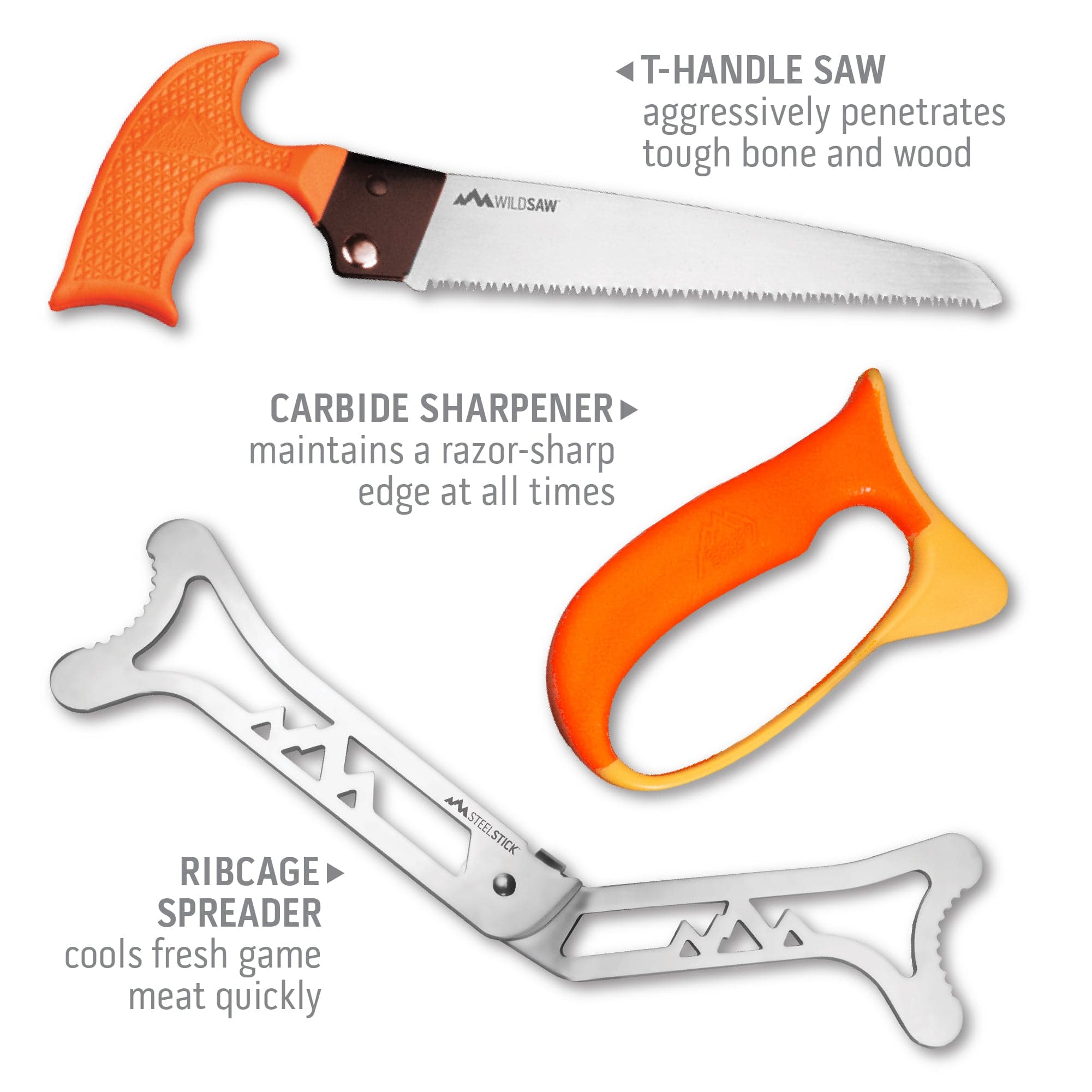 Outdoor Edge Wild Pak complete game processing set showing t-handle saw, carbide sharpener, and ribcage spreader.