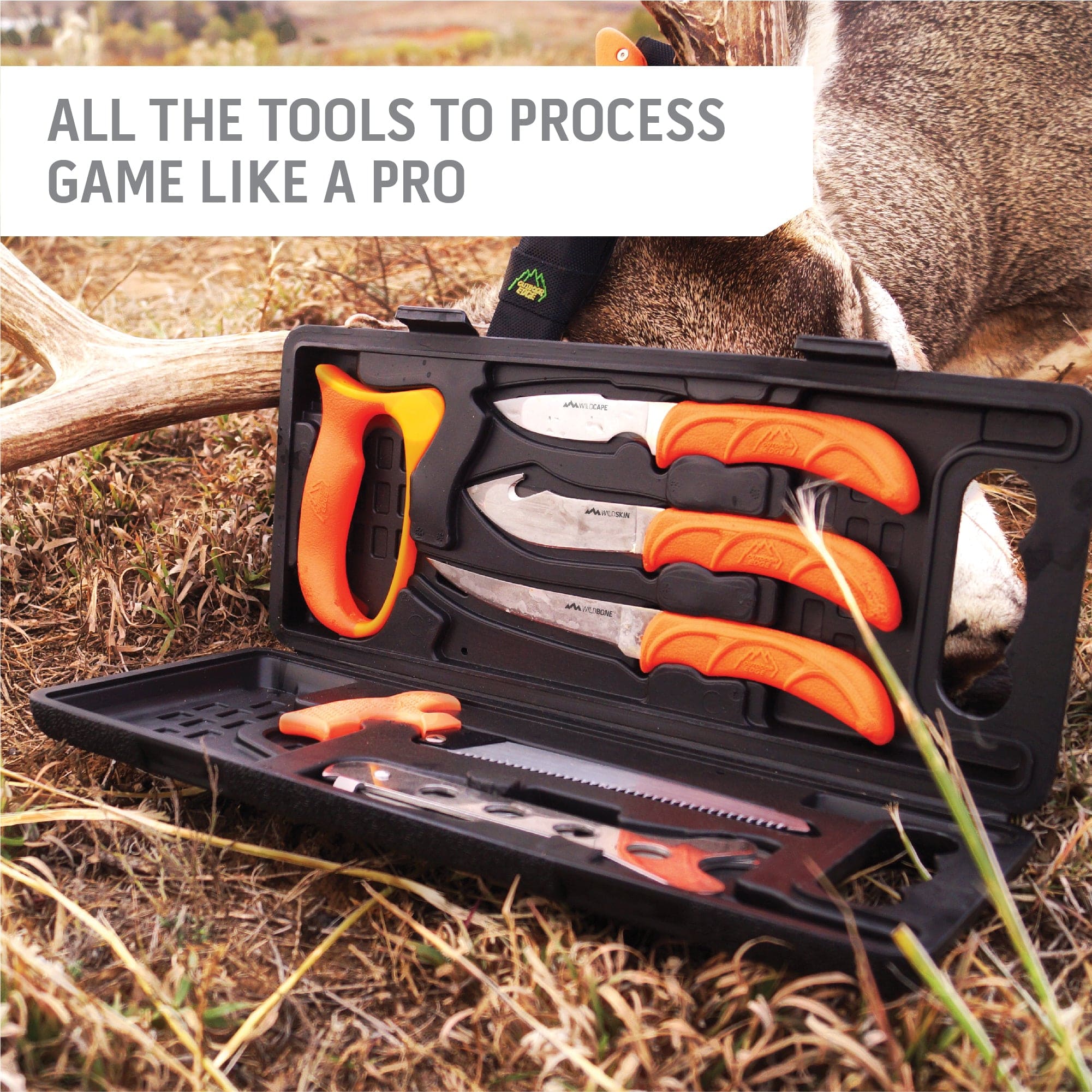 Outdoor Edge Wild Pak complete game processing set showing all knives in case next to deer