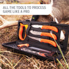 Outdoor Edge Wild Pak complete game processing set showing all knives in case next to deer