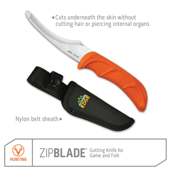 Outdoor Edge ZipBlade Hunting Knife product photo with callouts for blade and sheath.