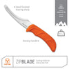 Outdoor Edge ZipBlade Hunting Knife product photo with callouts for Hand-finished shaving sharp blade and nonslip handle.