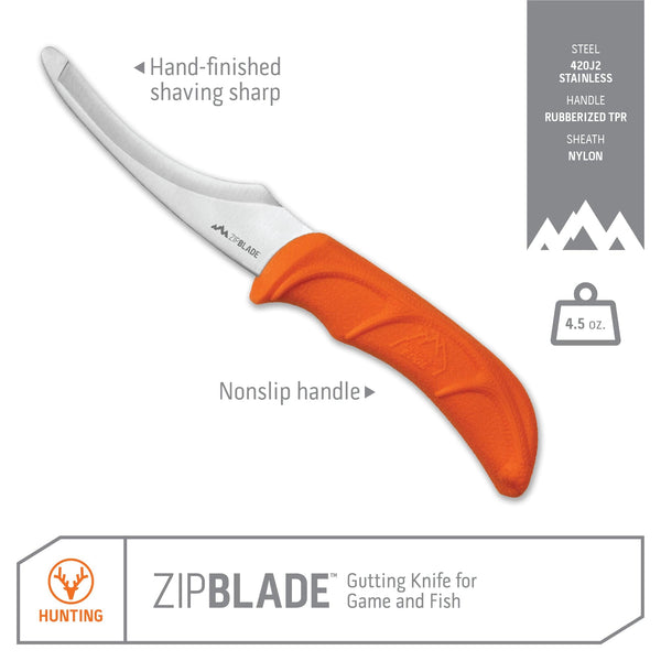 Outdoor Edge ZipBlade Hunting Knife product photo with callouts for Hand-finished shaving sharp blade and nonslip handle.