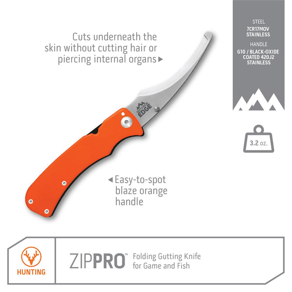 Outdoor Edge ZipPro Gutting Knife product photo for Game and fish with callouts for blade and handle.